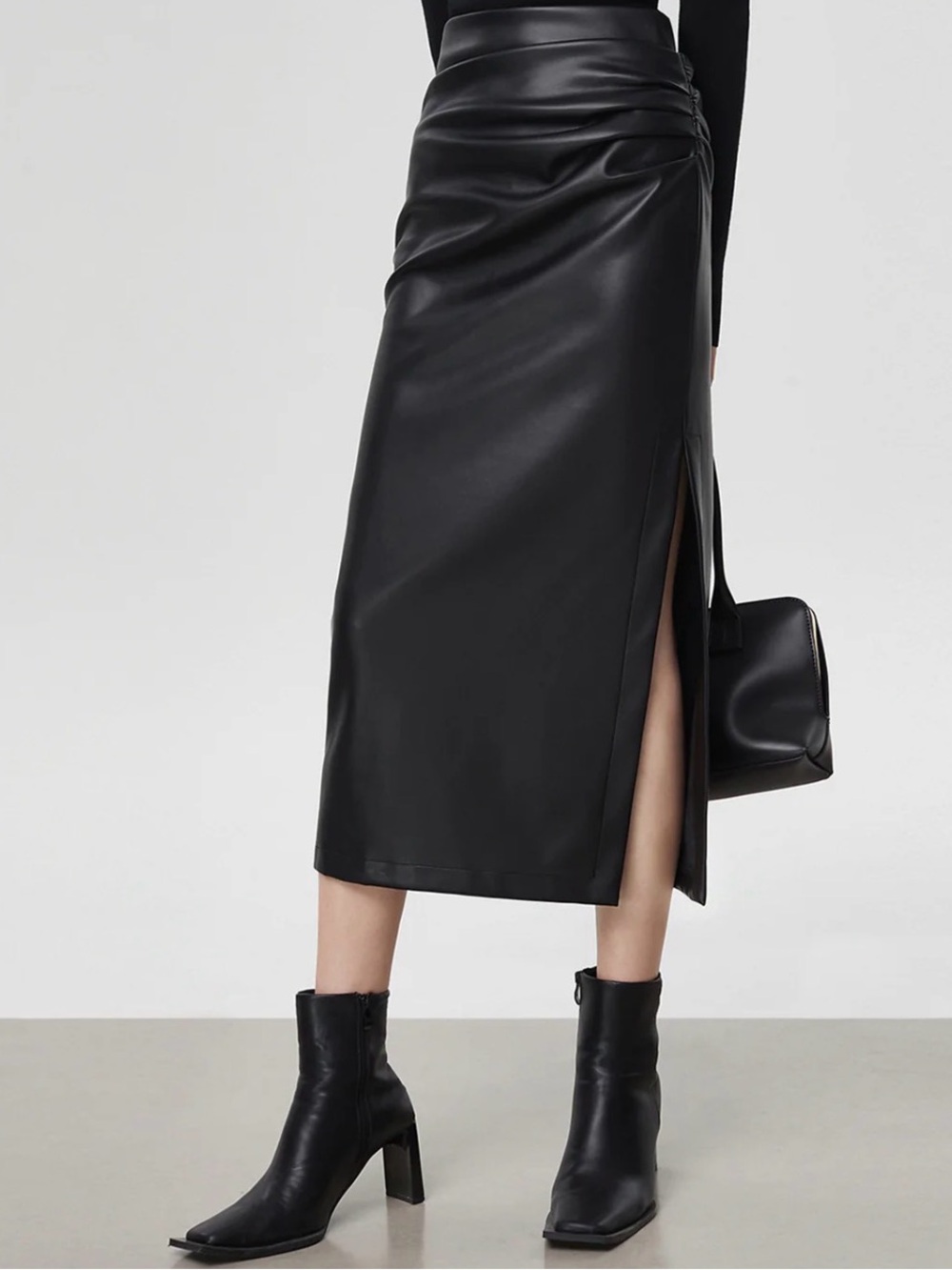 Commense Faux Leather Ruched Slit Midi Skirt Black Size Small NWT